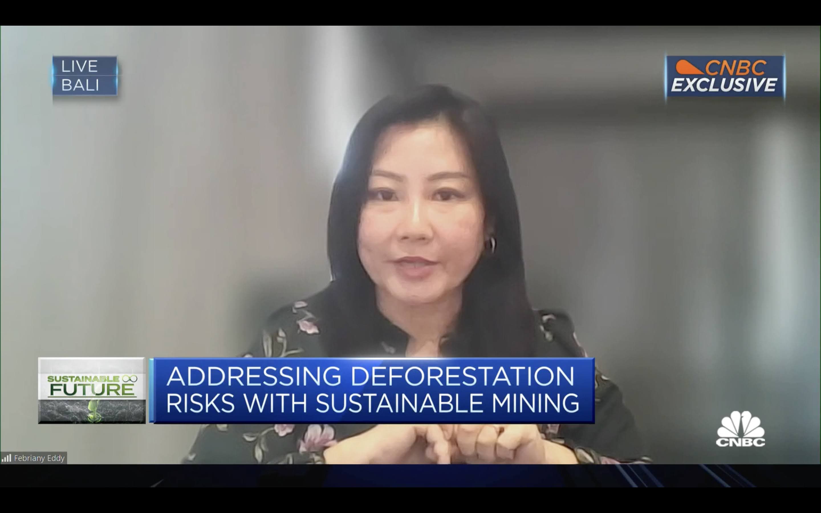 Chief Executive Officer (CEO) PT Vale Indonesia Tbk (PT Vale) Febriany Eddy menjadi narasumber pada wawancara khusus CNBC Asia Sustainable Future bertajuk “Addressing Deforestation Risks with Sustainable Mining”, Jumat (3/11/2023).