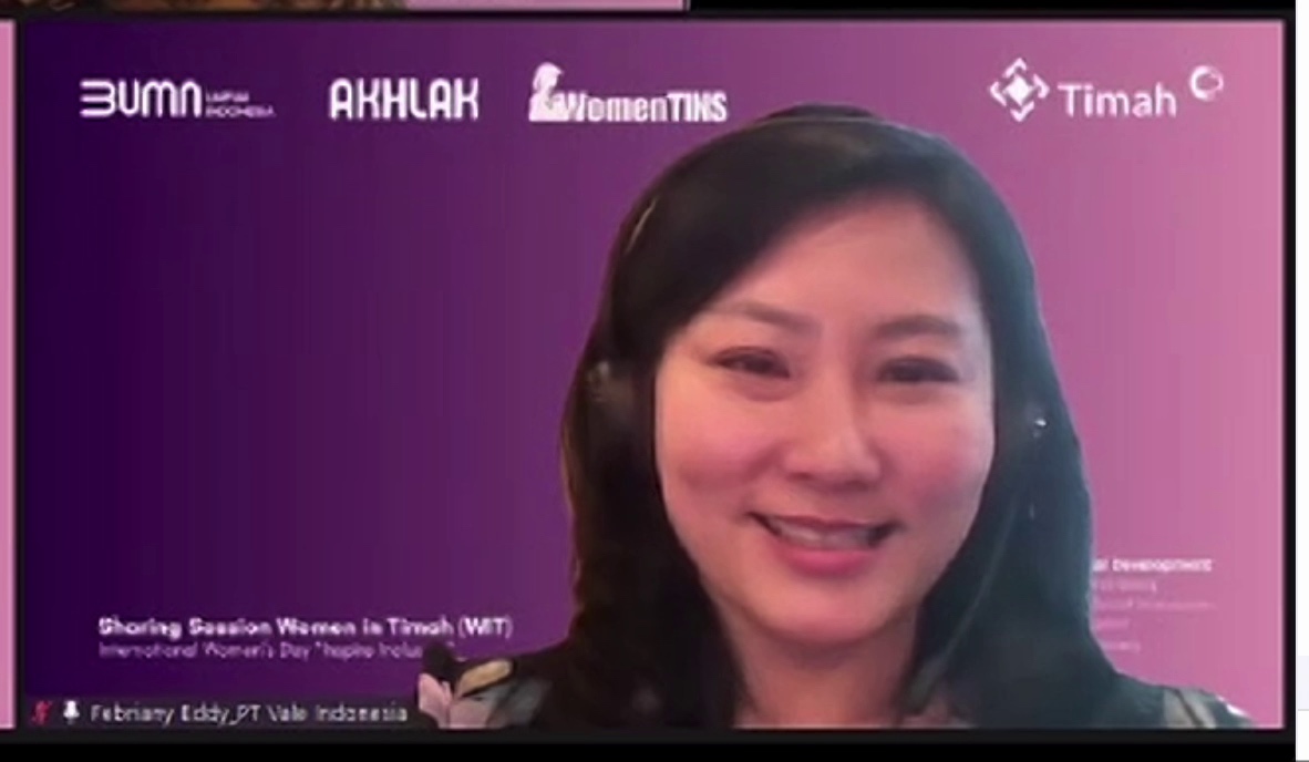 CEO dan Presiden Direktur PT Vale Indonesia Tbk (PT Vale) Febriany Eddy berbagi kisah menjadi pemimpin wanita di industri tambang dalam acara Sharing Session Women in Timah (WIT) yang dilaksanakan secara daring, Jumat (8/3/2024).