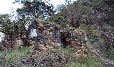 Estrutura de pedra coberta por densa vegetação