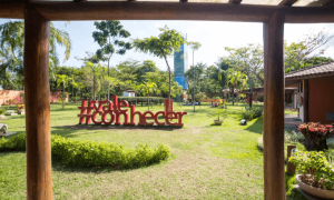 ambiente arborizado com letreiro #vale conhecer sobre a grama.