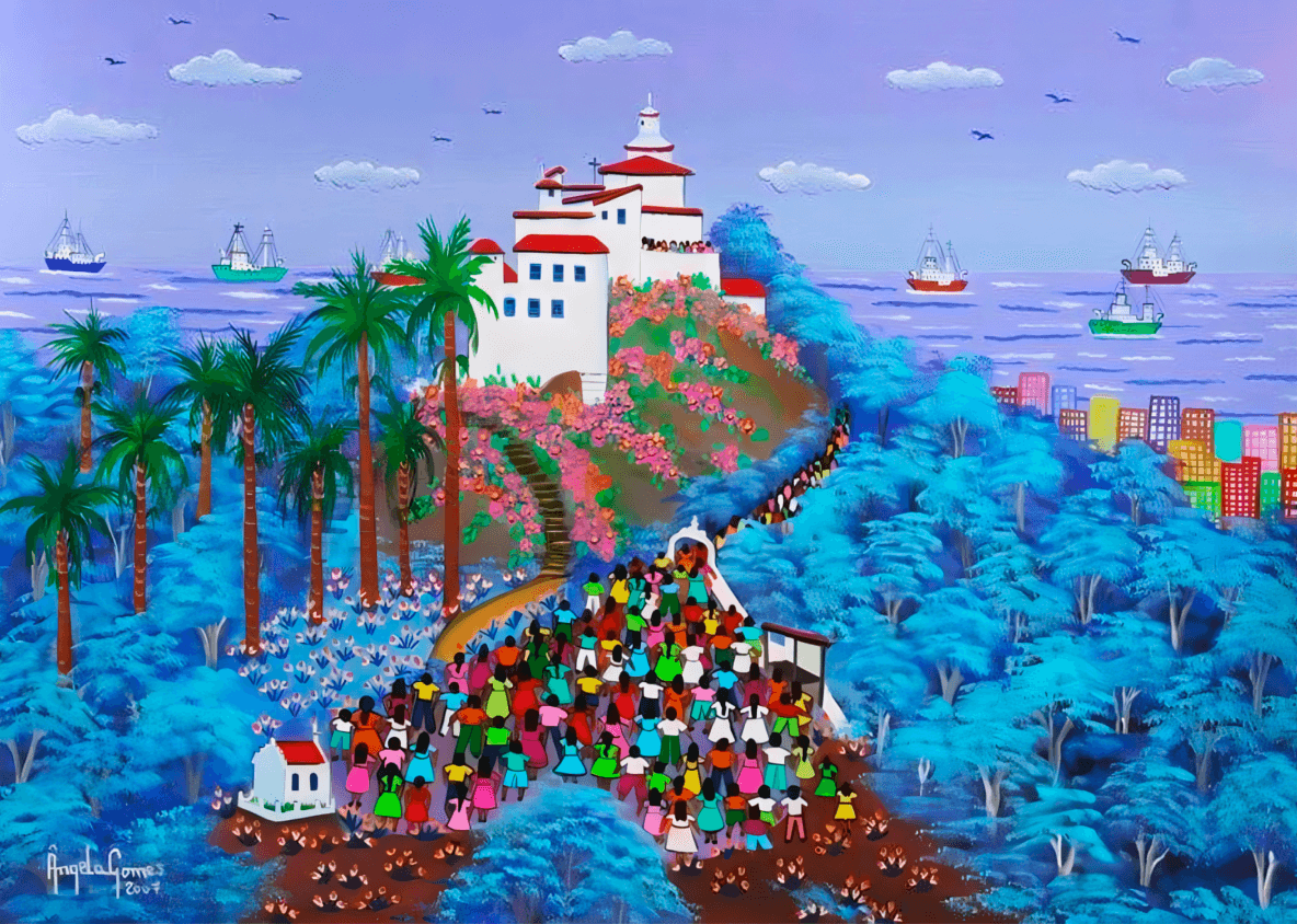 imagem colorida de pessoas indo em direção a igreja