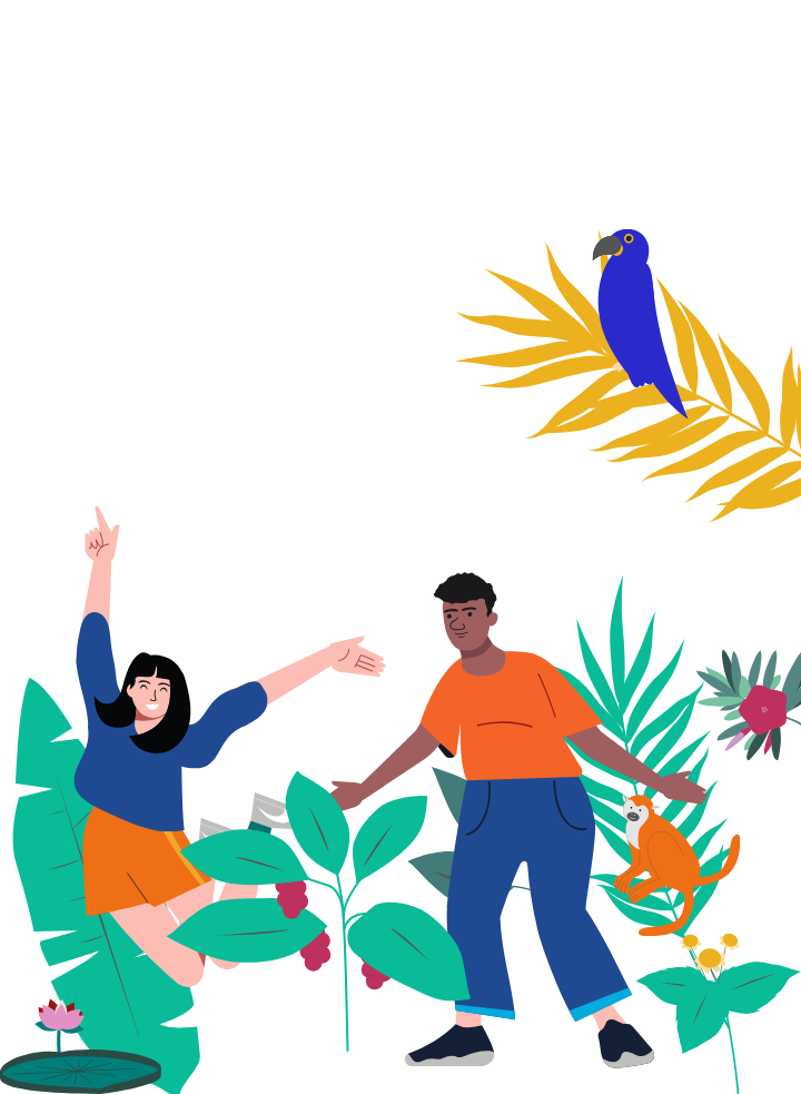 Animação representando pessoas na natureza com vegetação e animais silvestres