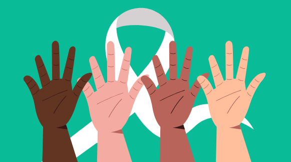 Desenho de quatro mãos abertas, uma ao lado da outra, com uma fita branca passando por trás