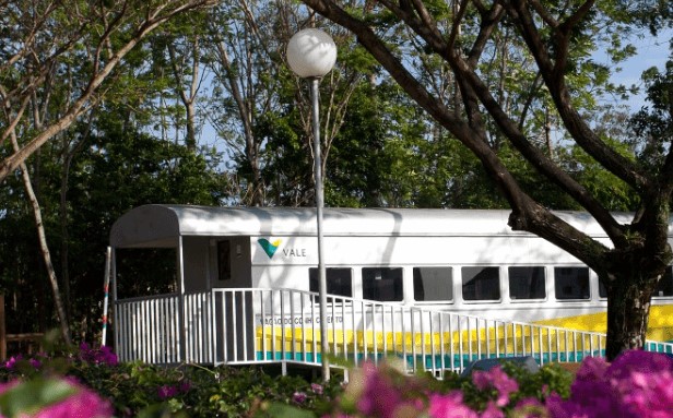 Vagão de trem com o logo da Vale. Ao redor há diversas árvores e flores.